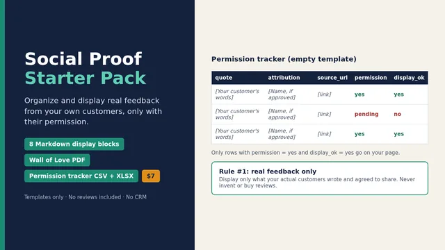 Social Proof Starter Pack cover: templates and permission tracker for real customer feedback